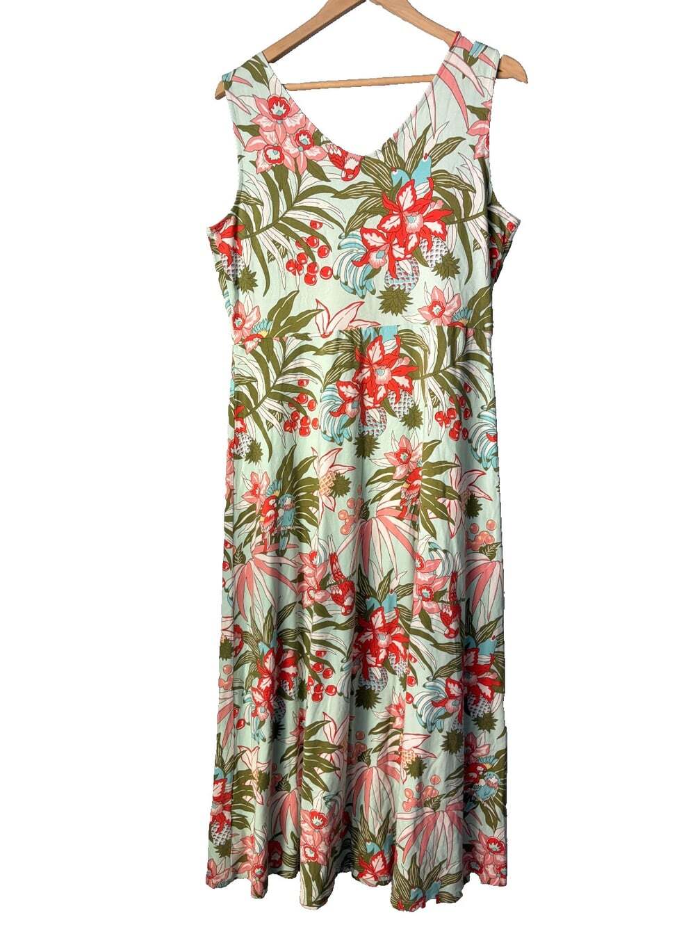 Talbots Womens Tropical Parrot Floral Maxi Dress Mint Green V-Neck Size Medium